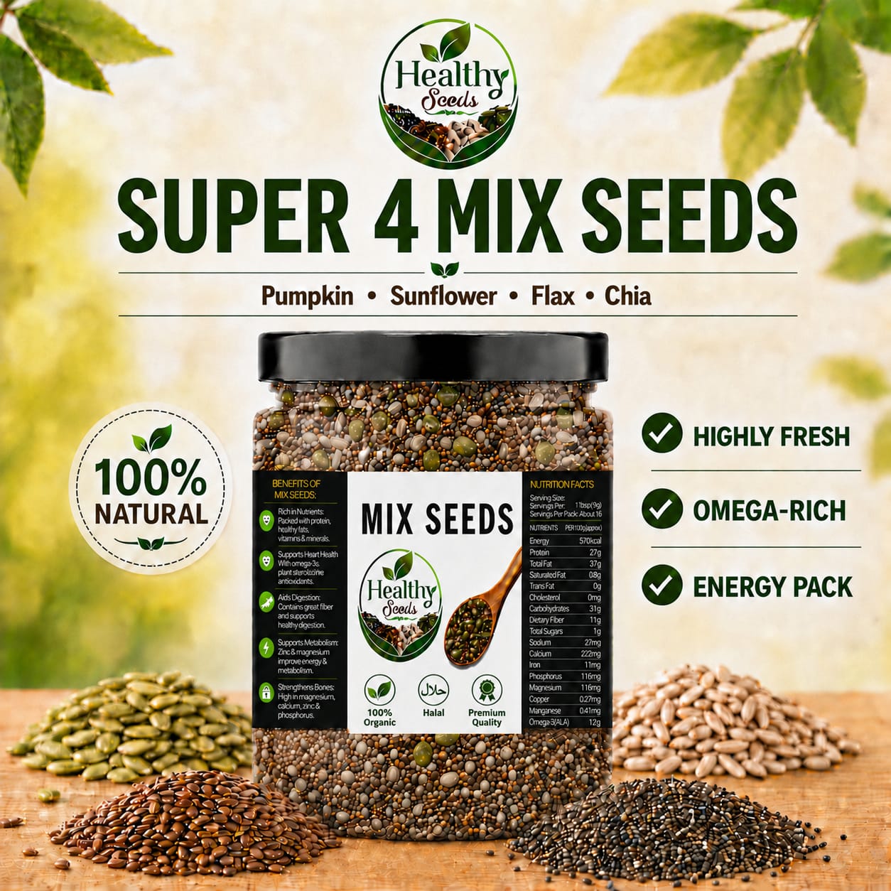 Healthy Super 4 Mix Seeds | Flax, Chia, Pumpkin & Sunflower