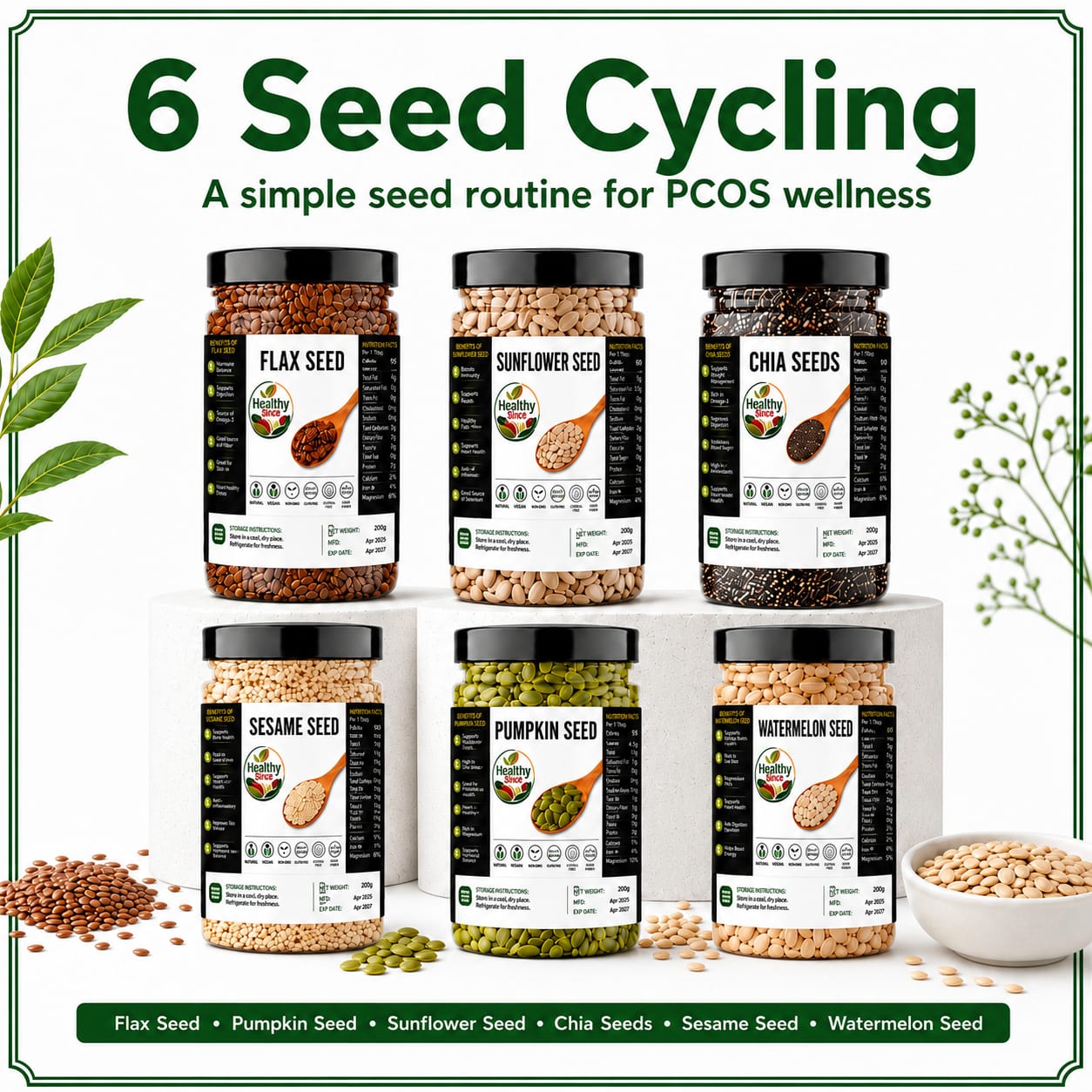 PCOS 6 Seeds Cycling Kit | 200 Grams each | Flax, Chia, Pumpkin, Sesame, Sunflower & Watermelon Seed
