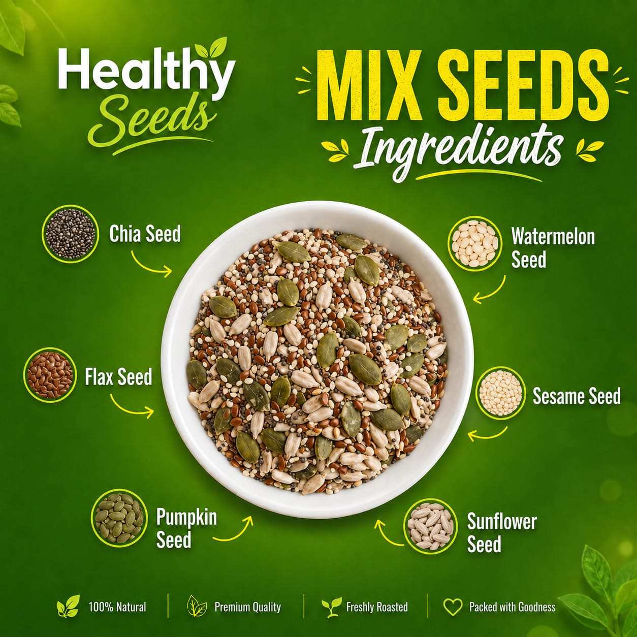 Healthy Super 6 Mix Seeds | Flax, Chia, Sesame, Pumpkin, Sunflower & Watermelon