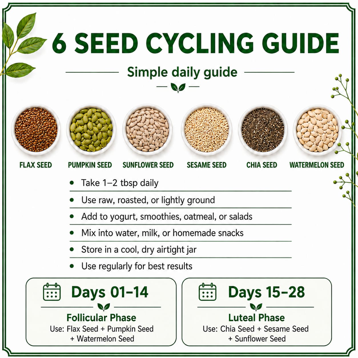PCOS 6 Seeds Cycling Kit | 200 Grams each | Flax, Chia, Pumpkin, Sesame, Sunflower & Watermelon Seed
